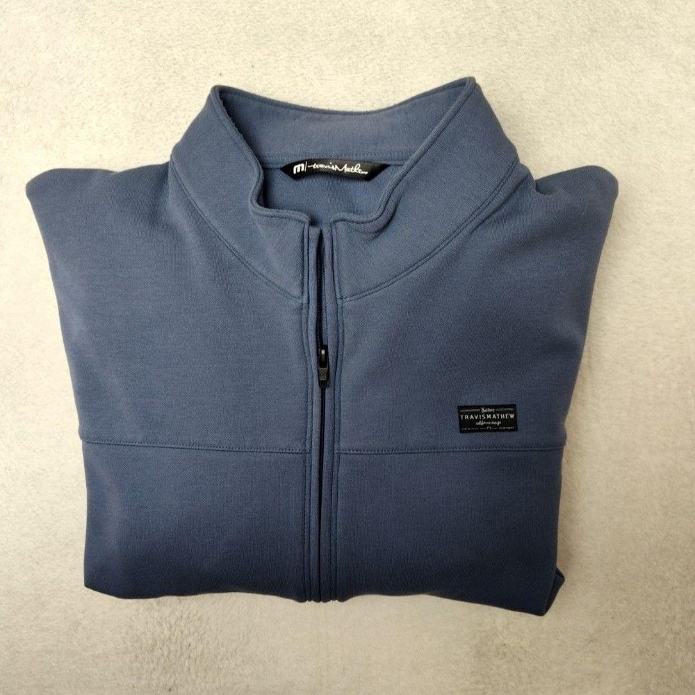 Travis Mathew Sweatshirt Mens XL Blue Golf Full Zip Cloud Pockets Mock Pinehurst